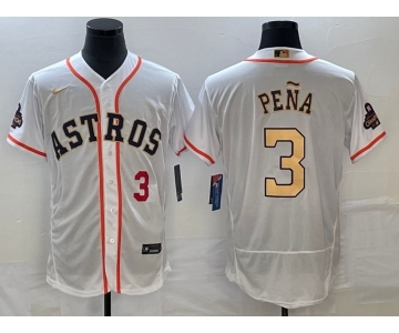 Men's Houston Astros #3 Jeremy Pena Number 2023 White Gold World Serise Champions Patch Flex Base Stitched Jersey2