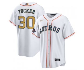 Men's Houston Astros #30 Kyle Tucker 2023 White Gold World Serise Champions Patch Cool Base Stitched Jersey