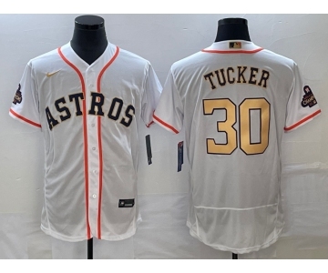 Men's Houston Astros #30 Kyle Tucker 2023 White Gold World Serise Champions Patch Flex Base Stitched Jersey