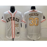 Men's Houston Astros #30 Kyle Tucker Number 2023 White Gold World Serise Champions Patch Flex Base Stitched Jersey1