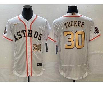 Men's Houston Astros #30 Kyle Tucker Number 2023 White Gold World Serise Champions Patch Flex Base Stitched Jersey1