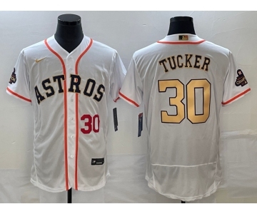 Men's Houston Astros #30 Kyle Tucker Number 2023 White Gold World Serise Champions Patch Flex Base Stitched Jersey2