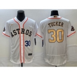 Men's Houston Astros #30 Kyle Tucker Number 2023 White Gold World Serise Champions Patch Flex Base Stitched Jersey