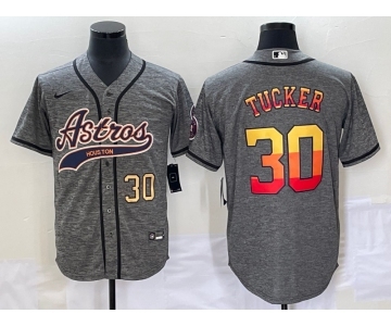 Men's Houston Astros #30 Kyle Tucker Number Grey Gridiron Cool Base Stitched Baseball Jersey