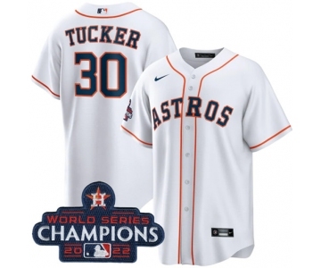 Men's Houston Astros #30 Kyle Tucker White 2022 World Series Champions Home Stitched Baseball Jersey