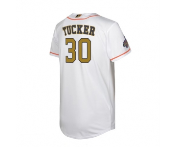 Men's Houston Astros #30 Kyle Tucker White New Gold 2022 World Series Champions Stitched Cool Base Nike Jersey