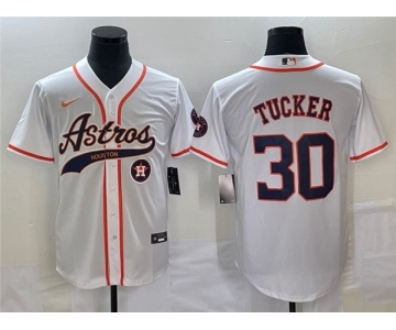 Men's Houston Astros #30 Kyle Tucker White With Patch Cool Base Stitched Baseball Jersey