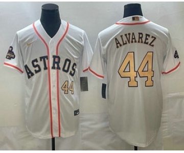 Men's Houston Astros #44 Yordan Alvarez Number 2023 White Gold World Serise Champions Patch Cool Base Stitched Jersey