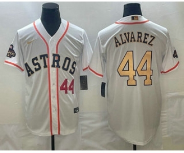 Men's Houston Astros #44 Yordan Alvarez Number 2023 White Gold World Serise Champions Patch Cool Base Stitched Jerseys