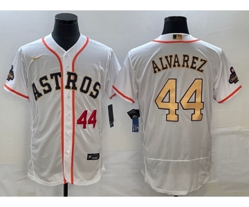 Men's Houston Astros #44 Yordan Alvarez Number 2023 White Gold World Serise Champions Patch Flex Base Stitched Jersey2