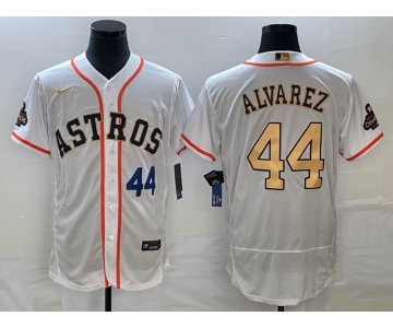 Men's Houston Astros #44 Yordan Alvarez Number 2023 White Gold World Serise Champions Patch Flex Base Stitched Jersey