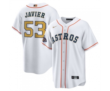 Men's Houston Astros #53 Cristian Javier  2023 White Gold World Serise Champions Patch Cool Base Stitched Jersey