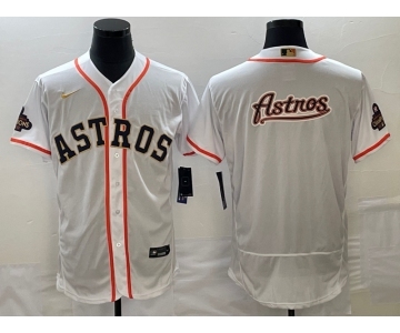 Men's Houston Astros Big Logo 2023 White Gold World Serise Champions Patch Flex Base Stitched Jersey1