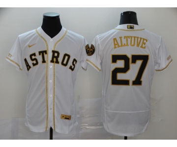 Nike Men's Houston Astros #27 Jose Altuve White Gold Home Flex Base Authentic Collection Bound Baseball Jersey