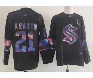 Men's Seattle Kraken #21 Kraken Black Iridescent Holographic Authentic Jersey