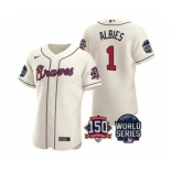 Men's Atlanta Braves #1 Ozzie Albies 2021 Cream World Series Flex Base With 150th Anniversary Patch Baseball Jersey