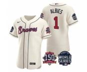 Men's Atlanta Braves #1 Ozzie Albies 2021 Cream World Series Flex Base With 150th Anniversary Patch Baseball Jersey