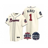 Men's Atlanta Braves #1 Ozzie Albies 2021 Cream World Series With 150th Anniversary Patch Cool Base Baseball Jersey