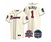 Men's Atlanta Braves #1 Ozzie Albies 2021 Cream World Series With 150th Anniversary Patch Cool Base Baseball Jersey