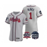 Men's Atlanta Braves #1 Ozzie Albies 2021 Gray World Series Flex Base With 150th Anniversary Patch Baseball Jersey