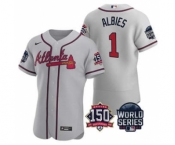 Men's Atlanta Braves #1 Ozzie Albies 2021 Gray World Series Flex Base With 150th Anniversary Patch Baseball Jersey