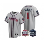 Men's Atlanta Braves #1 Ozzie Albies 2021 Gray World Series With 150th Anniversary Patch Cool Base Baseball Jersey