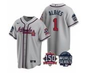 Men's Atlanta Braves #1 Ozzie Albies 2021 Gray World Series With 150th Anniversary Patch Cool Base Baseball Jersey