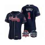 Men's Atlanta Braves #1 Ozzie Albies 2021 Navy World Series Flex Base With 150th Anniversary Patch Baseball Jersey