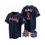 Men's Atlanta Braves #1 Ozzie Albies 2021 Navy World Series With 150th Anniversary Patch Cool Base Baseball Jersey