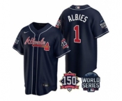 Men's Atlanta Braves #1 Ozzie Albies 2021 Navy World Series With 150th Anniversary Patch Cool Base Baseball Jersey