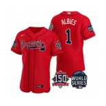 Men's Atlanta Braves #1 Ozzie Albies 2021 Red World Series Flex Base With 150th Anniversary Patch Baseball Jersey