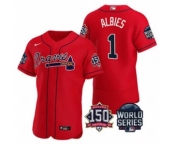 Men's Atlanta Braves #1 Ozzie Albies 2021 Red World Series Flex Base With 150th Anniversary Patch Baseball Jersey