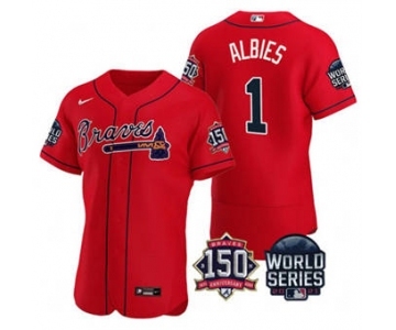 Men's Atlanta Braves #1 Ozzie Albies 2021 Red World Series Flex Base With 150th Anniversary Patch Baseball Jersey