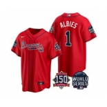 Men's Atlanta Braves #1 Ozzie Albies 2021 Red World Series With 150th Anniversary Patch Cool Base Baseball Jersey