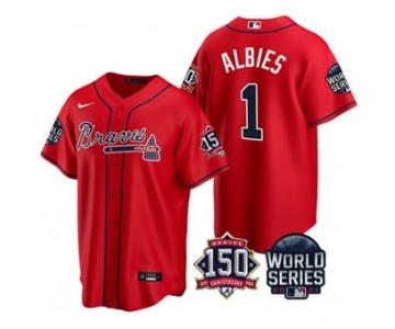 Men's Atlanta Braves #1 Ozzie Albies 2021 Red World Series With 150th Anniversary Patch Cool Base Baseball Jersey