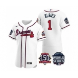 Men's Atlanta Braves #1 Ozzie Albies 2021 White World Series Flex Base With 150th Anniversary Patch Baseball Jersey