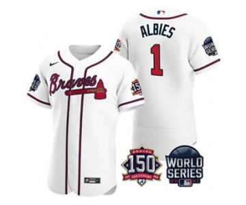 Men's Atlanta Braves #1 Ozzie Albies 2021 White World Series Flex Base With 150th Anniversary Patch Baseball Jersey