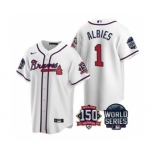 Men's Atlanta Braves #1 Ozzie Albies 2021 White World Series With 150th Anniversary Patch Cool Base Baseball Jersey