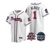 Men's Atlanta Braves #1 Ozzie Albies 2021 White World Series With 150th Anniversary Patch Cool Base Baseball Jersey