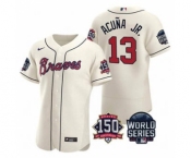 Men's Atlanta Braves #13 Ronald Acuna Jr. 2021 Cream World Series Flex Base With 150th Anniversary Patch Baseball Jersey