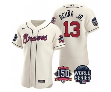 Men's Atlanta Braves #13 Ronald Acuna Jr. 2021 Cream World Series Flex Base With 150th Anniversary Patch Baseball Jersey