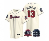 Men's Atlanta Braves #13 Ronald Acuna Jr. 2021 Cream World Series With 150th Anniversary Patch Cool Base Baseball Jersey