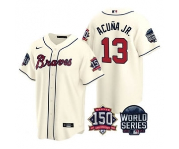 Men's Atlanta Braves #13 Ronald Acuna Jr. 2021 Cream World Series With 150th Anniversary Patch Cool Base Baseball Jersey