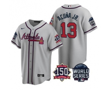 Men's Atlanta Braves #13 Ronald Acuna Jr. 2021 Gray World Series With 150th Anniversary Patch Cool Base Baseball Jersey