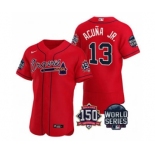 Men's Atlanta Braves #13 Ronald Acuna Jr. 2021 Red World Series Flex Base With 150th Anniversary Patch Baseball Jersey