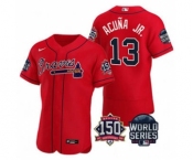 Men's Atlanta Braves #13 Ronald Acuna Jr. 2021 Red World Series Flex Base With 150th Anniversary Patch Baseball Jersey