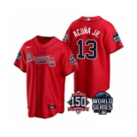 Men's Atlanta Braves #13 Ronald Acuna Jr. 2021 Red World Series With 150th Anniversary Patch Cool Base Baseball Jersey