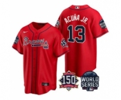 Men's Atlanta Braves #13 Ronald Acuna Jr. 2021 Red World Series With 150th Anniversary Patch Cool Base Baseball Jersey