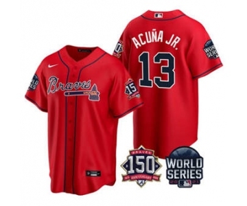 Men's Atlanta Braves #13 Ronald Acuna Jr. 2021 Red World Series With 150th Anniversary Patch Cool Base Baseball Jersey