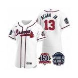 Men's Atlanta Braves #13 Ronald Acuna Jr. 2021 White World Series Flex Base With 150th Anniversary Patch Baseball Jersey